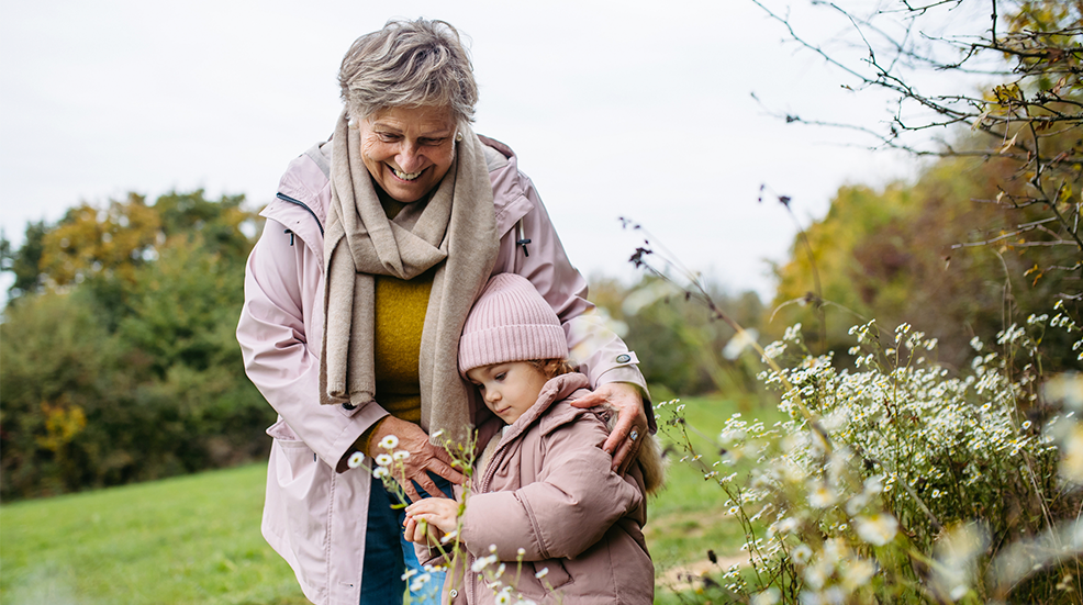 Senior grandmother and little girl picking first spring flowers on meadow